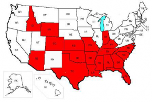 Nineteen states, in red, have laws permitting corporal punishment in school.