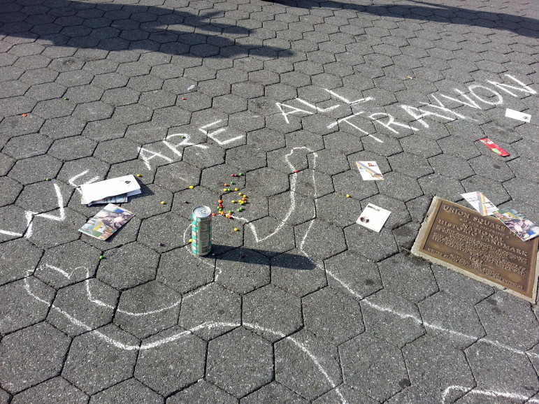 Protesters left this memorial for Trayvon Martin at the rally in Union Square Park on Sunday.