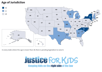Map showing the age of jurisdiction (age at which a youth can be tried as an adult) in all states. (Click image to see larger) 