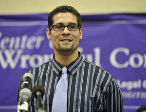 Exonerated of murder, Juan Rivera attends a news conference.