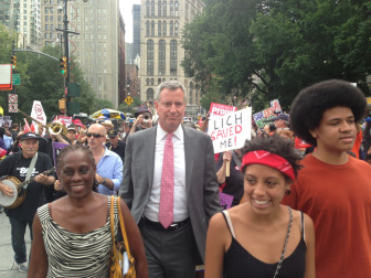 Public Advocate Bill de Blasio and his wife Charline McCray and kids at a major rally to protest the closure of Long Island College Hospital and Interfaith Medical Center.