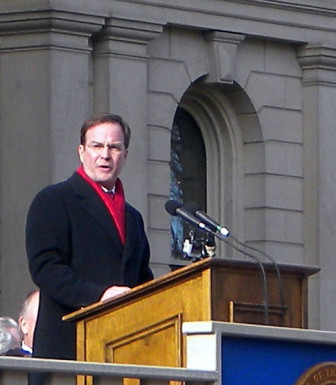 Michigan Attorney General Bill Schuette delivers his address at his inauguration on the steps of the Capitol in Lansing, Michigan on January 1, 2011