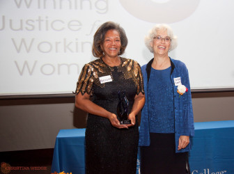 Marilynn Winn received the Lily Ledbetter award in October from 9to5 for her work on the Ban the Box campaign in Georgia. At right is 9to5 National Organizing Director Cindia Cameron.