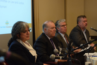 (Left to right) Arlene Lee, director of the Committee on Law and Justice; moderator John Feinblatt, Manhattan DA Cyrus Vance Jr., and New York State Assemblyman Daniel O' Donnell