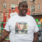 Jahmel Leath, 13, wears the T-shirt of his murdered cousin, Stack Bundles at the "Children's Day of Peace" event at Redfern Houses in Far Rockaway.