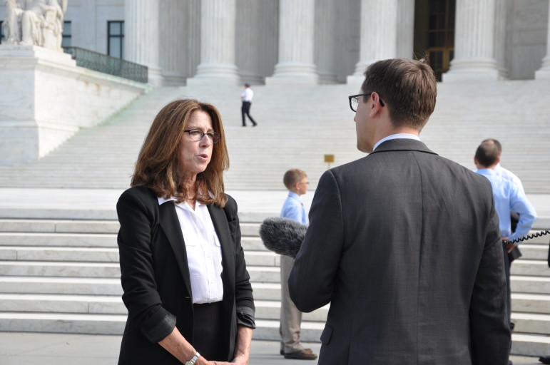 Marsha Levick, co-counsel on Montgomery vs. Louisiana and deputy director of the Juvenile Law Center, is interviewed outside the Supreme Court following oral arguments. Courtesy of Juvenile Law Center,.