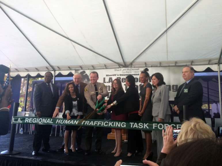 The ceremonial ribbon-cutting at the kickoff for the new multiagency Los Angeles Human Trafficking Task Force. 