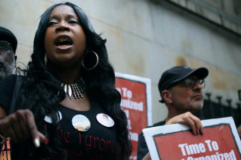 Tawanda Jones, sister of Tyrone West, who died while in custody of the Baltimore Police Department in 2013. Jones joined the protests following the verdict in Officer Caesar Goodson’s trial