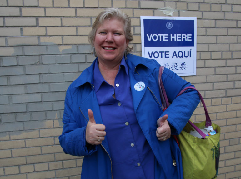 Lisa Winters is ecstatic after voting in the New York presidential primary on April 19, 2016. “It feels great and you know, it’s such a big deal to exercise your voting rights,” she said.