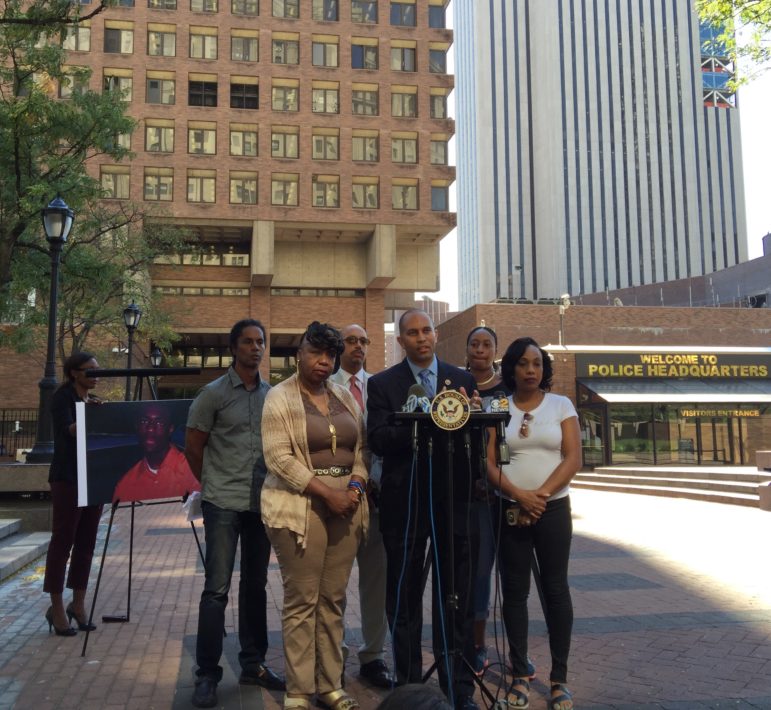 Democratic Rep. Hakeem Jeffries of New York’s Eighth Congressional District speaks at a press conference in front of New York Police Department headquarters on Wednesday, September 14, 2016. The mothers of Eric Garner (left) and Ramarley Graham (right), victims of police violence, joined Jeffries in demanding immediate reform from the NYPD.