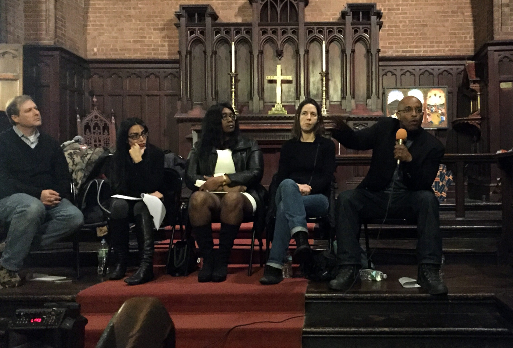 Pictured left to right at the panel discussion are panel moderator Alex Vitali, Anita Abedian, Paula Clarke, law professor K. Babe Howell and Taylonn Murphy Sr.