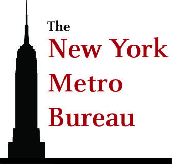 NY Metro Bureau logo black silhouette building & red text on white