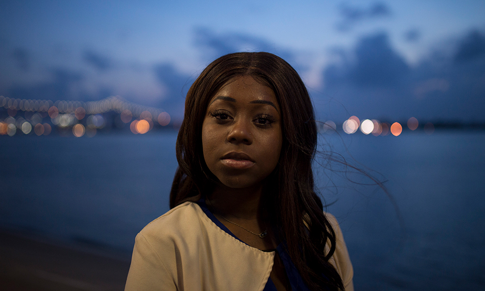 Myra Richardson (portrait), Mississippi River in background, Baton Rouge teen activist 