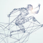 System transformation: vector illustration of running person trying to break through netting.