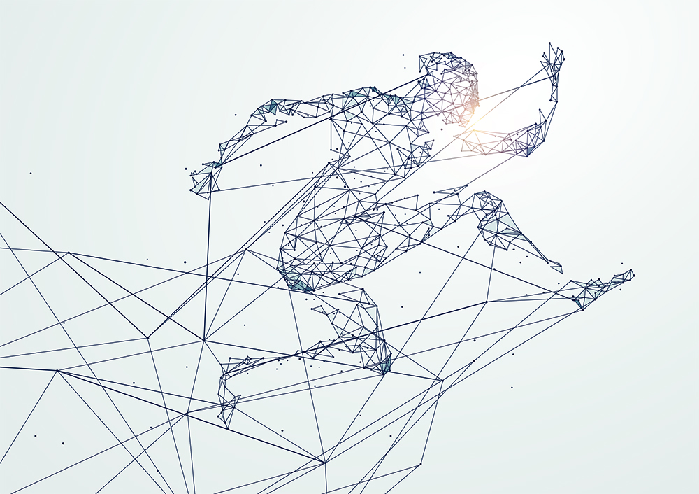 System transformation: vector illustration of running person trying to break through netting.