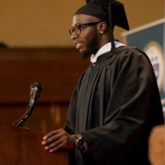 community alternatives: Aswad Thomas (headshot), membership director of Crime Survivors for Safety and Justice, smiling young man with glasses wearing black mortarboard, graduation gown.