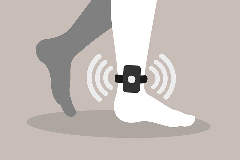 electronic monitoring: Home arrest, prisoner is monitored by electronic device on ankle and foot, vector illustration.