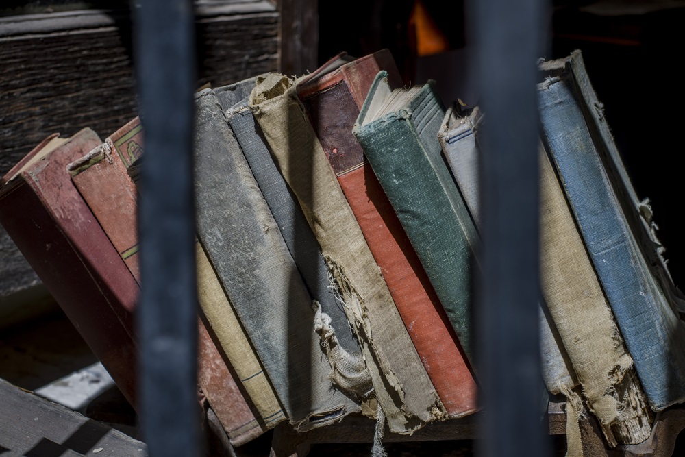 education: Old used books behind the metal bars. Education in jail.