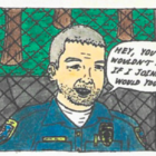 Cartoon of police officer with word balloon.
