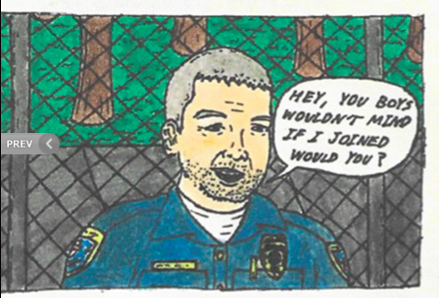 Cartoon of police officer with word balloon.