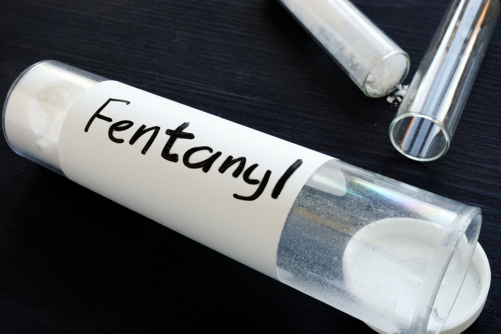 fentanyl: Fentanyl written on a bottle with label.