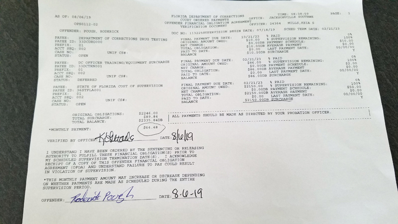 fines: Printout of court-ordered payments for Roderick Pough