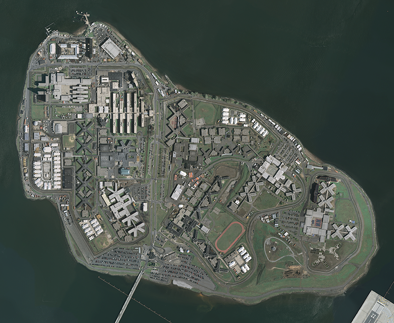 Rikers: Aerial view of complex on island.