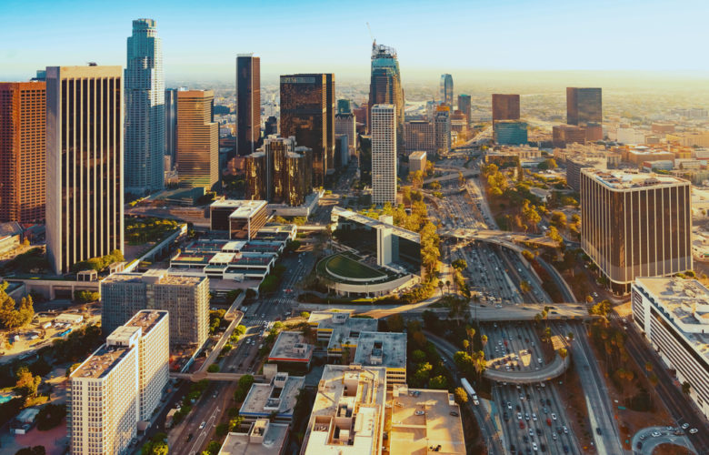 California: Aerial view of a downtown Los Angeles at sunset