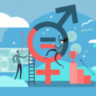 LGBTQ: Gender equality vector illustration: flat tiny persons with sex symbol concept.