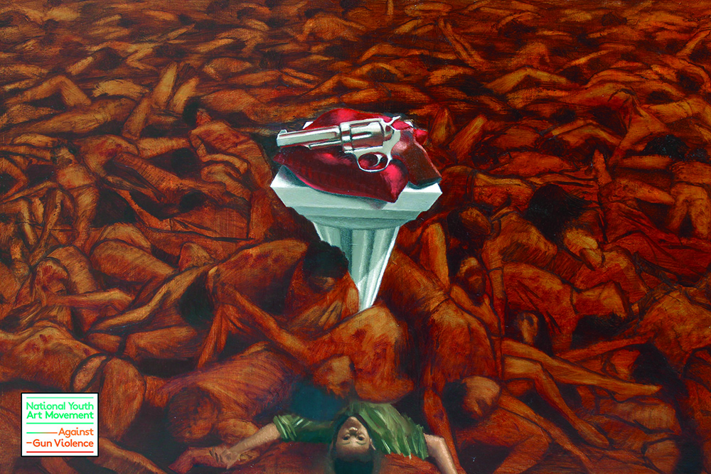 Painting of many fallen bodies around a white pedestal holding a red pillow with gun resting on it