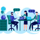 collaboration: color illustration of 3 people collaborating, 2 sitting at computers, 1 standing