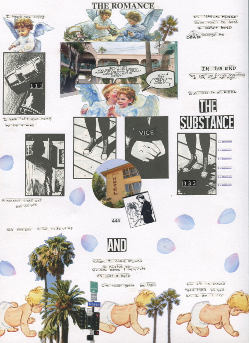 homeless shelter: Collage with angels, sneakers, palm trees and babies