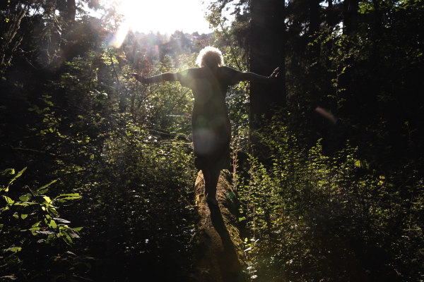 homeless shelter: Silhouette of person seen from the back on narrow path between trees