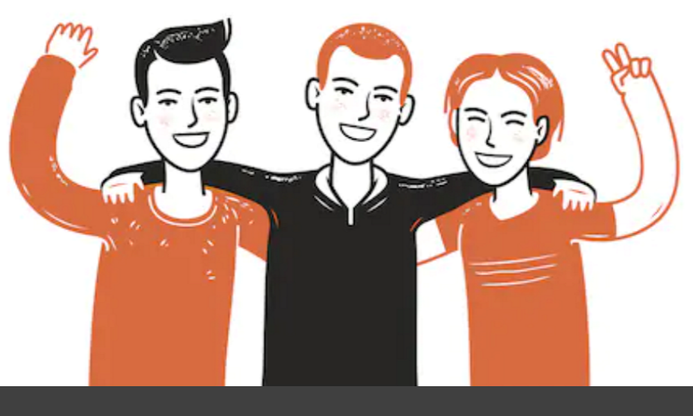California:Illustration in flat style of 3 young men from the waist up in black and rust shirts waving.