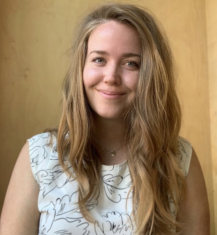 equity: Taylor Schooley (headshot), senior research and policy manager for Los Angeles County’s Division of Youth Diversion and Development, smiling woman with long blond hair, necklace, sleeveless printed top