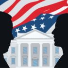 Biden-Harris: Character Illustration of Joe Biden facing Kamala Harris: black silhouettes on background of flag, White House