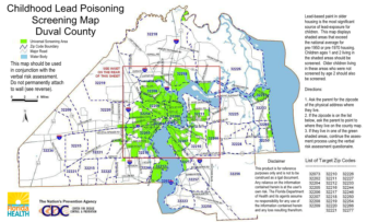 lead poisoning: map of Duval County Childhood Lead Poisoning Screening Map with screening areas in lime green