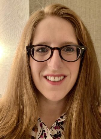 plea bargain: Emily Haney-Caron (headshot), assistant professor of psychology at John Jay College of Criminal Justice, smiling woman with long blonde hair, glasses, patterned shirt
