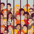 CA juvenile system: Multicolored illustration of around 25 yung faces behind vertical bars