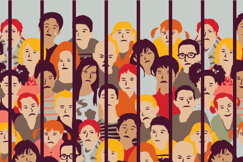 CA juvenile system: Multicolored illustration of around 25 yung faces behind vertical bars