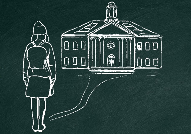 rethinking juvenile justice and schools report: chalkboard graphic of student walking towards justice building instead of school