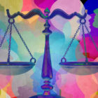 youth justice disabled people legal guardianship: illustration of an antique 2-sided scale with colorful pastel cloud background