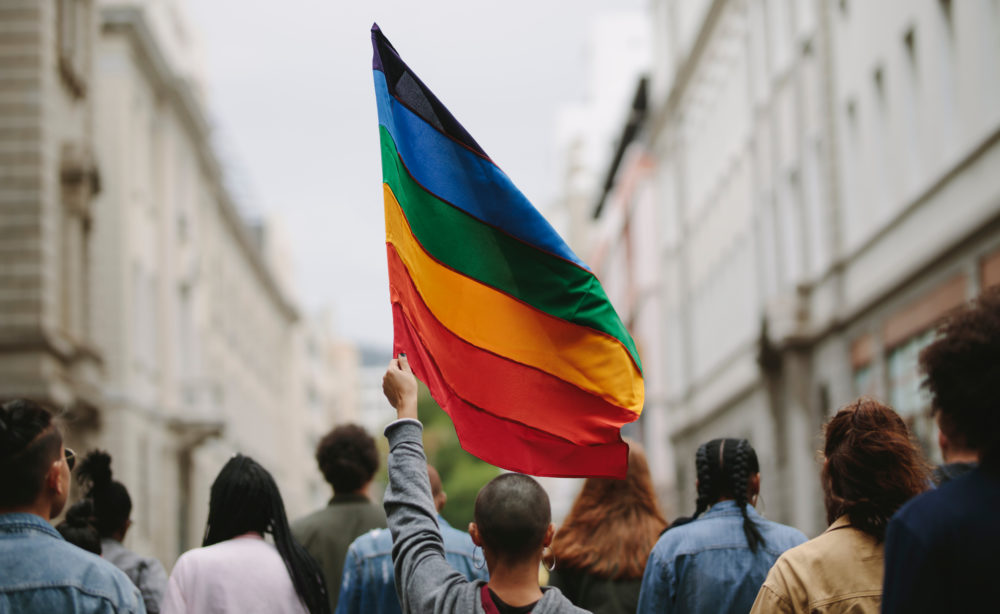 LGBTQ youth and young adults: An individual standing in the center of six people, all with their backs to the camera, holds in the air a large gay pride flag with stripes of red, orange, yellow, green, blue and purple flag that symbolizes gay pride.