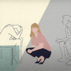 Homeless: Illustration of adult courching between 2 people sitting in chairs facng the femail sitting with head in hands