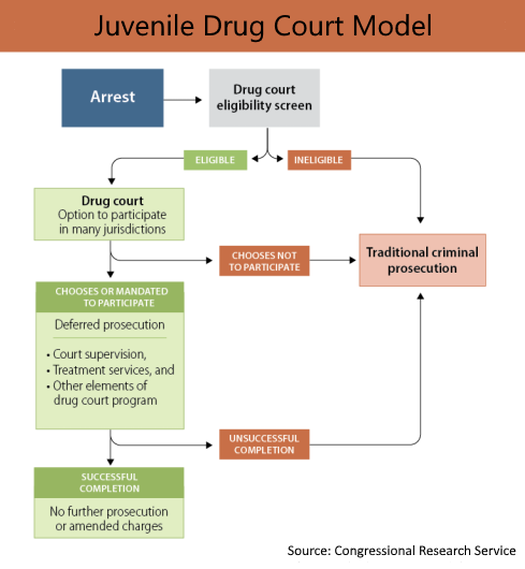 Drug Courts: Map diagram of pathway after arrest through drug court versus traditional court in multiple colored and labeled blocks on white