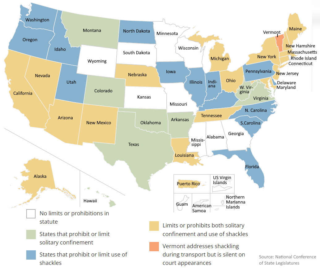 Map of US color-coded with map key and states' name labels showing status of each state's laws regarding solitary confinement for juveniles