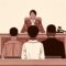 Juvenile Court defenders Ohio Illustration on tans and browns of female judge seated in courtroom facing black attorney and client both standing facing the judge