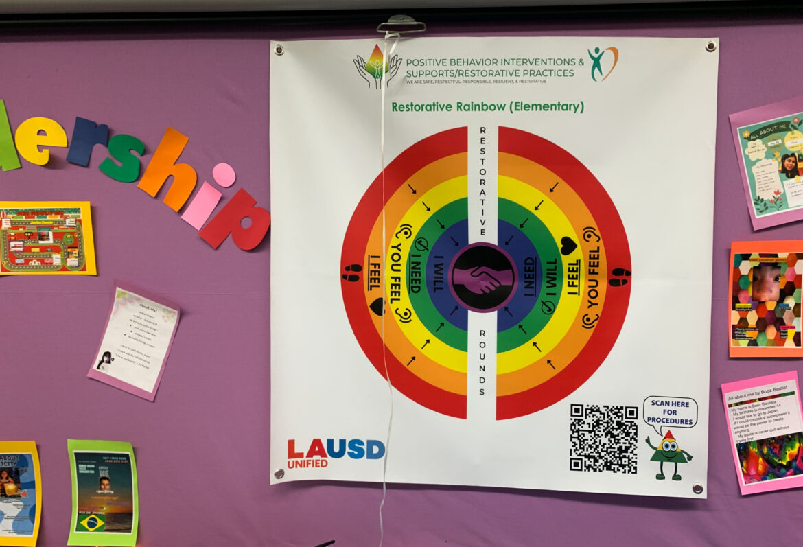 No school suspension: Poster with rainbow circle chart on purple paper-covered bulletin board