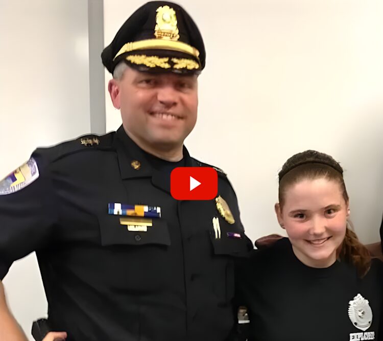 Sandra Birchmore justice: Young teen girl with brown hair pulled back stands smiling next to man in black police uniform and cap with hos arm around the girl's shoulders