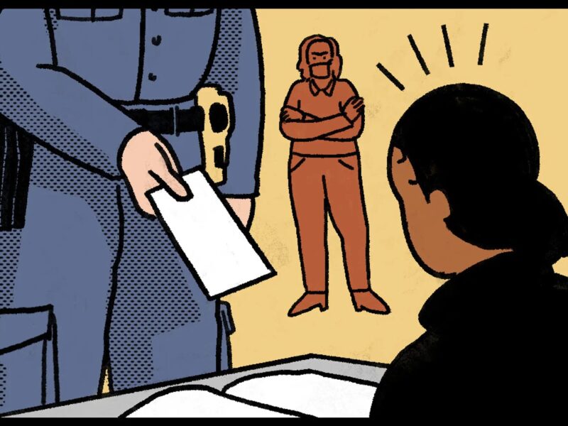 Police Ticketing Students Civil Rights case: Illustration close-up of policeperson in uniform standing in front of student sitting at desk while handing student a ticket